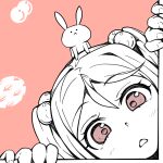  1girl :&lt; animal_on_head bunny commentary_request face hair_bobbles hair_ornament kantai_collection monochrome on_head pink_eyes pink_theme sazanami_(kancolle) solo spot_color takasugi_heppu twintails 