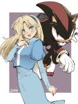  1boy 1girl :d animal_nose artist_name blonde_hair blue_dress blue_eyes blue_hairband blush bracelet dress furry furry_male gloves hairband jewelry long_dress long_hair long_sleeves looking_at_viewer maria_robotnik open_mouth puffy_sleeves red_eyes serious shadow_the_hedgehog sketch smile sonic_(series) standing tondamanuke white_gloves 