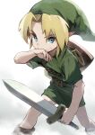  1boy artist_name bangs belt blanco026 blonde_hair blue_eyes brown_belt feet_out_of_frame green_headwear green_shirt green_skirt hand_up hat highres holding holding_weapon left-handed link male_focus pointy_ears sheath shield shirt short_sleeves skirt sword the_legend_of_zelda unsheathed weapon wiping_mouth 