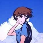  1girl adjusting_hair blue_shirt blue_sky breasts brown_eyes brown_hair cloud eyelashes hand_to_head high_contrast looking_at_viewer looking_to_the_side medium_breasts moshimoshibe nozomi_(sonny_boy) shirt short_hair sky solo sonny_boy texture turning_head upper_body wind 