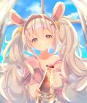  1girl absurdres animal_ears azur_lane bangs blue_sky blurry border bottle cloud cloudy_sky cola commentary_request curtains depth_of_field eyebrows_visible_through_hair fake_animal_ears hair_between_eyes hairband highres holding holding_bottle jacket laffey_(azur_lane) long_hair long_sleeves looking_at_viewer marekamico rabbit_ears red_eyes sidelocks sky soda_bottle solo spaghetti_strap twintails white_hair 