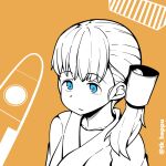 1girl :/ blue_eyes commentary_request japanese_clothes kantai_collection monochrome orange_background shin&#039;you_(kancolle) side_ponytail solo spot_color takasugi_heppu twitter_username upper_body 