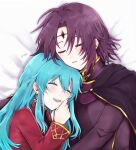  1boy 1girl ^_^ bangs bedside blue_hair cape circlet closed_eyes couple earrings eirika_(fire_emblem) eyebrows_visible_through_hair fire_emblem fire_emblem:_the_sacred_stones from_above hair_between_eyes hetero highres jacket jewelry long_hair long_sleeves lying lyon_(fire_emblem) misato_hao on_side open_mouth purple_cape purple_hair purple_jacket red_shirt shirt signature upper_body 