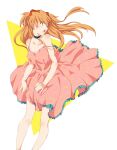  1girl blue_eyes blush breasts choker commentary_request dress highres interface_headset looking_to_the_side lyrics najuco_(naju0517) neon_genesis_evangelion orange_hair pigeon-toed pink_dress small_breasts solo souryuu_asuka_langley strap_slip sundress white_background 