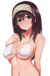 1girl bangs bare_arms bare_shoulders bikini blue_eyes blush breasts brown_hair cleavage closed_mouth collarbone covered_nipples eyebrows_visible_through_hair grey_hairband hair_between_eyes hairband hand_on_own_chest idolmaster idolmaster_cinderella_girls large_breasts long_hair looking_at_viewer navel sagisawa_fumika simple_background smile solo stomach sweatdrop swimsuit tomajiyama upper_body white_background white_bikini 