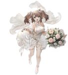  1girl azur_lane blush bouquet breasts brown_hair detached_sleeves dress flower frills full_body green_eyes highres large_breasts long_hair looking_at_viewer mkiiiiii official_alternate_costume official_art open_mouth solo thighhighs transparent_background twintails wedding_dress white_dress york_(azur_lane) york_(oath_of_purity)_(azur_lane) 