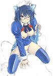  2k-tan artist_request blue_eyes blue_hair blue_legwear breasts breasts_outside cuffs framed_breasts girl_on_top glasses large_breasts leg_grab one_eye_closed os-tan penis sex solo_focus straddling thighhighs vaginal 