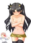  1girl anger_vein animal_print artist_request black_legwear blood cosplay covering fate/stay_night fate_(series) horns lum lum_(cosplay) nosebleed thighhighs tiger_print toosaka_rin topless two_side_up urusei_yatsura 