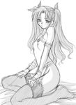  ayano_naoto bed breasts detached_sleeves fate/stay_night fate_(series) garter_belt greyscale jewelry lingerie long_hair long_legs monochrome necklace nipples sketch small_breasts solo thighhighs toosaka_rin topless two_side_up underwear 