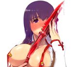  artist_request breasts censored cum fate/stay_night fate_(series) gae_bolg highres huge_breasts licking long_sleeves matou_sakura polearm purple_eyes purple_hair solo spear weapon 