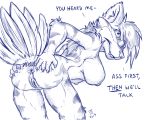  2019 anthro anus avian breasts dialogue english_text female flinters fur gryphon hair looking_back nipples nude presenting presenting_anus reverse_griffon solo text 