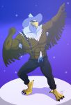  2016 abs anthro avian beak belt biceps bird brown_fur claws clothing cowboy_hat eagle feathers fur grin hat imagination jabuhusky male mighty_eagle muscular muscular_male night pants pecs pose sky smile solo spenders spotlight teeth toe_claws white_fur wings 