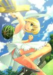  artoria_pendragon_(all) ass blonde_hair blue_panties cloud day dutch_angle fate/stay_night fate_(series) frills green_eyes hat panties rubbish_selecting_squad saber sandals skirt sky solo standing striped striped_panties sun_hat underwear upskirt white_skirt 