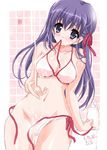  bare_shoulders bath bikini bikini_in_mouth blush breasts covered_nipples fate/stay_night fate_(series) hair_ribbon large_breasts long_hair matou_sakura mouth_hold navel nipples purple_eyes purple_hair ribbon see-through shaa side-tie_bikini solo swimsuit undressing wet 