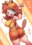  1girl ass bangs bare_shoulders blue_eyes breasts brown_hair butt_crack crown earrings highres jewelry mario_(series) medium_breasts medium_hair muscular muscular_female official_alternate_costume open_mouth orange_legwear orange_shorts princess_daisy racket shirt short_shorts shorts smile solo tennis_racket tukiwani yellow_shirt 