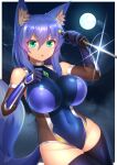  1girl animal_ears bangs blue_gloves blue_hair blue_leotard border breasts brooch clenched_hand covered_navel cowboy_shot elbow_gloves eyebrows_visible_through_hair fox_ears fox_girl fox_tail fuyubare_kiyo gloves green_eyes hair_between_eyes highres holding holding_sword holding_weapon impossible_clothes impossible_leotard jewelry kyu_(wein-seria) large_breasts leotard long_hair looking_at_viewer moon night open_mouth original outdoors solo sword tail thighhighs thighs v-shaped_eyebrows weapon white_border 