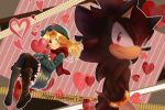  1boy 1girl animal_nose beret black_legwear blonde_hair blue_dress blue_eyes blush boots closed_mouth dress furry furry_male hat heart light_smile long_sleeves looking_back maria_robotnik pantyhose red_eyes red_scarf scarf shadow_the_hedgehog sonic_(series) tondamanuke valentine 