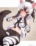  1girl aardwolf_(kemono_friends) aardwolf_ears aardwolf_print aardwolf_tail abs absurdres animal_ears bangs bare_shoulders between_legs black_hair black_necktie black_shorts blush breast_pocket brown_eyes commentary_request dutch_angle elbow_gloves embarrassed eyebrows_visible_through_hair feet_out_of_frame gloves hair_between_eyes hand_on_own_cheek hand_on_own_face hands_up high_ponytail highres kedama_(ughugjydthjdf) kemono_friends legwear_under_shorts medium_hair midriff_peek multicolored_hair navel necktie nose_blush pantyhose parted_lips pocket print_gloves print_legwear print_shirt shirt short_shorts shorts sleeveless sleeveless_shirt solo stomach tail tail_between_legs toned twitter_username two-tone_hair wavy_mouth white_hair 