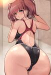  1girl against_wall ass atlanta_(kancolle) black_swimsuit blue_eyes breasts brown_hair competition_swimsuit earrings from_behind highres jewelry kantai_collection kihou_no_gotoku_dmc long_hair looking_at_viewer looking_back medium_breasts one-piece_swimsuit shiny shiny_clothes shiny_hair shiny_skin shower_(place) solo standing star_(symbol) star_earrings swimsuit tile_wall tiles two_side_up wet wet_clothes wet_swimsuit 
