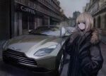  1girl aston_martin aston_martin_db11 bangs black_jacket blonde_hair blurry bob_cut breath cafe car city closed_mouth coffee coffee_cup commentary cowboy_shot cup day depth_of_field disposable_cup fur-trimmed_jacket fur_trim grey_eyes ground_vehicle hand_in_pocket hand_up hashimoto_kokai highres holding holding_cup jacket looking_at_viewer medium_hair motor_vehicle original outdoors perspective reflection road shop sign solo street 