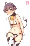  1girl alternate_costume animal_ears animal_print arms_behind_back artist_logo bell bikini blush breasts commentary_request covered_nipples cow_ears cow_horns cow_print cow_tail cowbell cowboy_shot dated fake_animal_ears fake_horns front-tie_top highres horns kanon_(kurogane_knights) kantai_collection looking_at_viewer micro_bikini nose_blush one-hour_drawing_challenge purple_eyes purple_hair sakawa_(kancolle) short_hair side-tie_bikini simple_background small_breasts solo standing swimsuit tail thigh_gap thighhighs white_background white_bikini white_legwear 