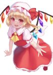  1girl :d absurdres ascot bangs blonde_hair blush bow commentary_request crystal eyebrows_visible_through_hair flandre_scarlet frilled_shirt_collar frills full_body hair_between_eyes hat hat_bow highres looking_at_viewer mob_cap one_side_up open_mouth petticoat puffy_short_sleeves puffy_sleeves red_bow red_eyes red_footwear red_skirt red_vest short_hair short_sleeves simple_background skirt smile solo touhou vest white_background white_headwear wings yellow_ascot yuha_(kanayuzu611) 