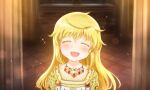  1girl ahoge bangs blonde_hair blush castle closed_eyes colored_eyelashes gem happy indoors isabeau_de_baviere jewelry light_particles long_hair magia_record:_mahou_shoujo_madoka_magica_gaiden mahou_shoujo_madoka_magica mahou_shoujo_tart_magica messy_hair necklace official_art open_mouth parted_lips pattern_request queen royal_robe sidelocks smile solo sparkle upper_body younger 