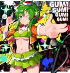  1girl absurdres artist_name blush breasts character_name cleavage commentary crop_top eyebrows_visible_through_hair finger_gun goggles goggles_on_head green_eyes green_hair green_skirt grin gumi highres large_breasts looking_at_viewer megpoid_(vocaloid3) microphone microphone_stand navel one_eye_closed pleated_shirt pointing pointing_at_viewer sarukaiwolf shiny shiny_skin short_hair skirt smile solo teeth underboob vocaloid 
