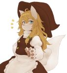  1girl ahoge animal_ears animal_hands blonde_hair blue_eyes blush braid breasts closed_mouth dog_ears dog_tail eyebrows_visible_through_hair furrification furry furry_female hat hawthorn highres kirisame_marisa long_hair looking_at_viewer notice_lines shiny shiny_hair simple_background small_breasts solo tail touhou upper_body white_background witch witch_hat 