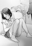 1boy 1girl ass bare_legs black_hair bobby_socks bottle commentary couch drugged feet folded_leg frilled_sleeves frills full_body greyscale hagyouayumu hair_ornament hairpin head_out_of_frame highres holding holding_bottle idolmaster idolmaster_cinderella_girls indoors knees_up legs looking_at_another monochrome on_couch panties panty_peek pleated_skirt producer_(idolmaster) sasaki_chie shirt short_hair sitting skirt sleeping sleeveless sleeveless_shirt socks spill trembling underwear water_drop wet wet_clothes wet_shirt 