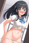  1girl bangs black_hair blue_neckwear blue_sailor_collar blurry blurry_background blush breasts brown_eyes commentary_request depth_of_field eyebrows_visible_through_hair groin hekomii highres indoors long_hair looking_at_viewer medium_breasts navel nose_blush open_mouth original panties panty_pull pubic_hair pulled_by_self sailor_collar shirt solo underwear white_panties white_shirt window 