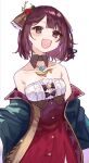  1girl :d atelier_(series) atelier_sophie bangs bare_shoulders black_jacket blush braid breasts brown_eyes brown_hair center_frills cleavage collarbone commentary_request dress eyebrows_visible_through_hair fang flower frills hair_flower hair_ornament highres jacket looking_at_viewer off_shoulder open_clothes open_jacket open_mouth purple_hair red_dress red_flower red_rose rose ryuuno6 short_hair small_breasts smile solo sophie_neuenmuller strapless white_background 