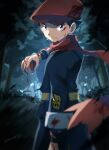  1boy black_hair blood blood_on_face blue_eyes blurry closed_mouth commentary_request floating_scarf forest hand_up hat highres holding holding_poke_ball jacket looking_at_viewer looking_to_the_side male_focus nature outdoors poke_ball poke_ball_(legends) pokemon pokemon_(game) pokemon_legends:_arceus red_headwear red_scarf rei_(pokemon) sawarabi_(sawarabi725) scarf short_hair signature solo standing tree undershirt 