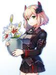  1girl armband azur_lane bangs black_jacket blonde_hair breasts buttons closed_mouth collared_shirt commentary_request cross double-breasted flower from_side green_eyes grey_shirt hair_between_eyes head_tilt highres holding holding_pot iron_cross jacket long_sleeves medium_breasts multicolored_hair orchid plant pot potted_plant red_hair revision roon_(azur_lane) shirt short_hair sidelocks smile solo standing streaked_hair umipro upper_body 