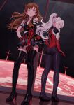  2girls ass black_footwear blue_eyes boots brown_hair closed_mouth cosplay cross evangelion:_3.0_you_can_(not)_redo fkey gauntlets gloves high_heels highres honkai_(series) honkai_impact_3rd kiana_kaslana kiana_kaslana_(void_drifter) latex latex_legwear latin_cross long_hair looking_at_viewer miniskirt multiple_girls neon_genesis_evangelion plugsuit ponytail rebuild_of_evangelion red_gloves skin_tight skirt smile souryuu_asuka_langley souryuu_asuka_langley_(cosplay) standing thigh_boots thighhighs third_impact white_hair 