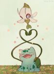  blue_eyes blush bright_pupils bulbasaur celebi claws closed_eyes commentary_request dated fangs flower grass highres leels no_humans open_mouth plant pokemon pokemon_(creature) sitting tongue vines white_pupils 