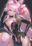  1girl animal_ear_fluff animal_ears bangs black_bodysuit blush bodysuit bow breasts center_opening choker cleavage fate/grand_order fate_(series) fox_ears fox_girl fox_shadow_puppet fox_tail glasses hair_between_eyes hair_bow highres hip_vent koyanskaya_(fate) large_breasts long_hair looking_at_viewer open_mouth pink_bow pink_hair ponytail sidelocks smile solo tail take_tw01 tamamo_(fate) yellow_eyes 