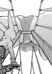  1girl 1other animal_ears ass bicycle bikini breasts bridge commentary_request from_below giant giantess greyscale ground_vehicle highres large_breasts looking_up monochrome nikukaiq original simple_background sketch swimsuit underboob white_background 