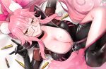  1girl animal_ear_fluff animal_ears bangs black_bodysuit blush bodysuit bow breasts bullet center_opening choker cleavage fate/grand_order fate_(series) fox_ears fox_girl fox_shadow_puppet fox_tail glasses hair_between_eyes hair_bow hip_vent hsin koyanskaya_(fate) large_breasts long_hair looking_at_viewer lying on_side pink_bow pink_hair ponytail sidelocks smile solo sweatdrop tail tamamo_(fate) thighs yellow_eyes 