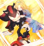  1boy 1girl ^_^ blue_dress blue_hairband blush body_fur bracelet cheek_pinching clenched_teeth closed_eyes dress furry furry_male furry_with_non-furry gloves grin hairband hetero interspecies jewelry long_hair looking_at_another maria_robotnik pinching red_eyes shadow_the_hedgehog smile sonic_(series) teeth tondamanuke white_gloves 