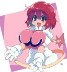  1girl absurdres bangs blue_eyes blush_stickers bombergirl border breast_squeeze breasts collar gloves highres huge_breasts looking_at_viewer open_mouth outstretched_arms pants pastel_(twinbee) pink_background puffy_short_sleeves puffy_sleeves red_hair robot short_sleeves solo tail twinbee white_border white_gloves white_pants zankuro 