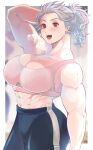  1girl abs absurdres bangs blush breasts dorohedoro earrings formal highres jewelry large_breasts long_hair looking_at_viewer muscular muscular_female navel noi_(dorohedoro) open_mouth ponytail red_eyes simple_background smile solo sports_bra white_hair youto 