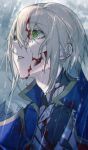  1boy absurdres blazblue blonde_hair blood blood_on_face blue_coat coat green_eyes highres jin_kisaragi rain set_xshiver tears torn_clothes 