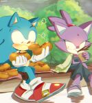  1boy 1girl blank_eyes blaze_the_cat blush chili_dog coffee_cup cup disposable_cup dress eating food furry furry_female furry_male gloves holding holding_food hot_dog jacket shoes sitting sneakers sonic_(series) sonic_the_hedgehog tondamanuke white_footwear white_gloves yellow_eyes 