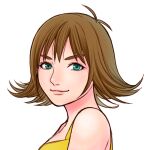  1girl breasts brown_hair closed_mouth final_fantasy final_fantasy_viii flipped_hair green_eyes inai_kaoru looking_at_viewer selphie_tilmitt short_hair simple_background smile solo white_background 
