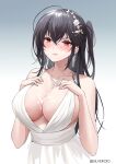  1girl :q absurdres ahoge artist_name azur_lane bangs bare_shoulders black_hair blush breasts cleavage collarbone commentary crossed_bangs cum cum_on_body cum_on_breasts dress earrings eyebrows_visible_through_hair facial gradient gradient_background hair_between_eyes hair_ornament hands_on_own_chest highres jewelry large_breasts long_hair looking_at_viewer necklace official_alternate_costume one_side_up red_eyes sidelocks silveroid simple_background sleeveless sleeveless_dress smile solo suggestive_fluid taihou_(azur_lane) taihou_(temptation_on_the_sea_breeze)_(azur_lane) tongue tongue_out upper_body very_long_hair wedding_dress white_dress 