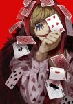  1boy absurdres blonde_hair card donquixote_doflamingo donquixote_rocinante fur_coat hat heart heart_card highres joker_(card) makeup male_focus one_eye_covered one_piece playing_card red_background santa65 short_hair solo 