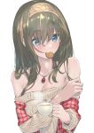  1girl absurdres bare_shoulders beige_sweater blush breasts cleavage coffee coffee_cup collarbone cookie cup disposable_cup food hairband highres holding holding_cookie holding_cup holding_food idolmaster idolmaster_cinderella_girls jewelry long_sleeves looking_down medium_breasts mouth_hold necklace off-shoulder_sweater off_shoulder sagisawa_fumika simple_background solo steam stole sweater umirororo upper_body white_background 