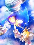  2boys blue_eyes cloud fox_boy furry furry_male gloves green_eyes highres holding_hands male_focus multiple_boys open_mouth shoes sky sneakers sonic_(series) sonic_the_hedgehog star_(sky) starry_sky tails_(sonic) tondamanuke white_gloves 