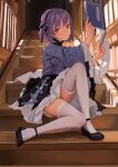  1girl black_footwear black_hairband black_skirt book closed_mouth fkey hair_ribbon hairband highres holding holding_book indoors long_sleeves looking_at_viewer original purple_hair purple_shirt red_eyes ribbon shirt shoes signature sitting skirt solo stairs thighhighs white_legwear 